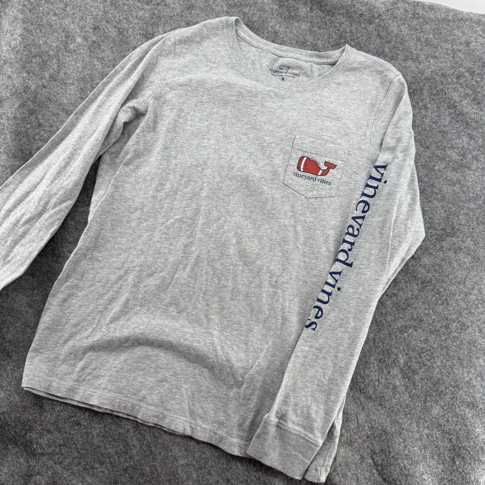 Vineyard Vines Long Sleeve T-Shirt Mens S Gray Football Whale Graphic Pocket Tee